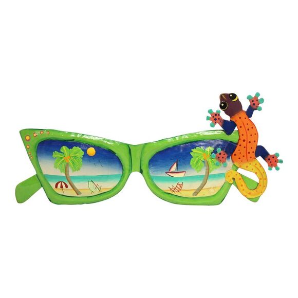 Lime Green Sunglasses with Lizard Haitian Metal Wall Decor 13.5 Inch - Picture 1 of 4